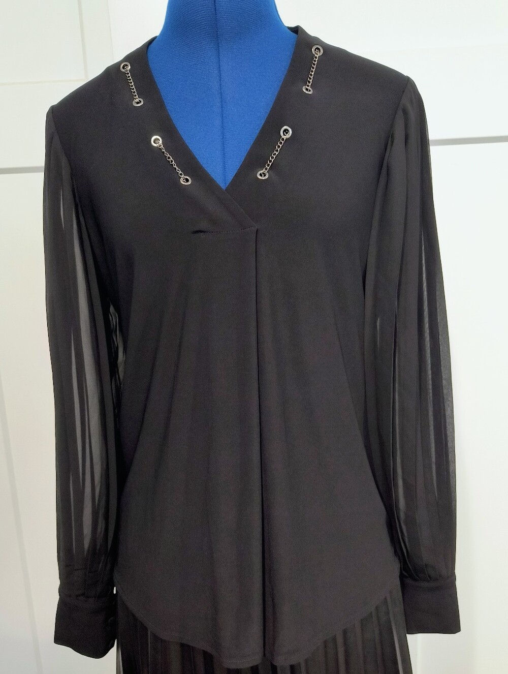 White House Black Market Black V-Neck Blouse with Chain Eyelet Detail